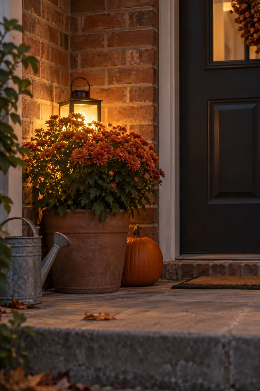 Soft Light Behind a Potted Mum fall porch lighting example
