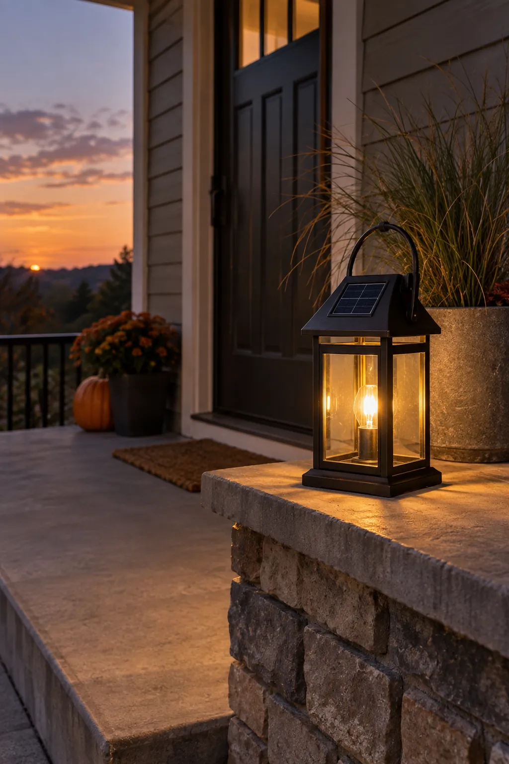 Solar Lantern on a Sunny Side fall porch lighting example