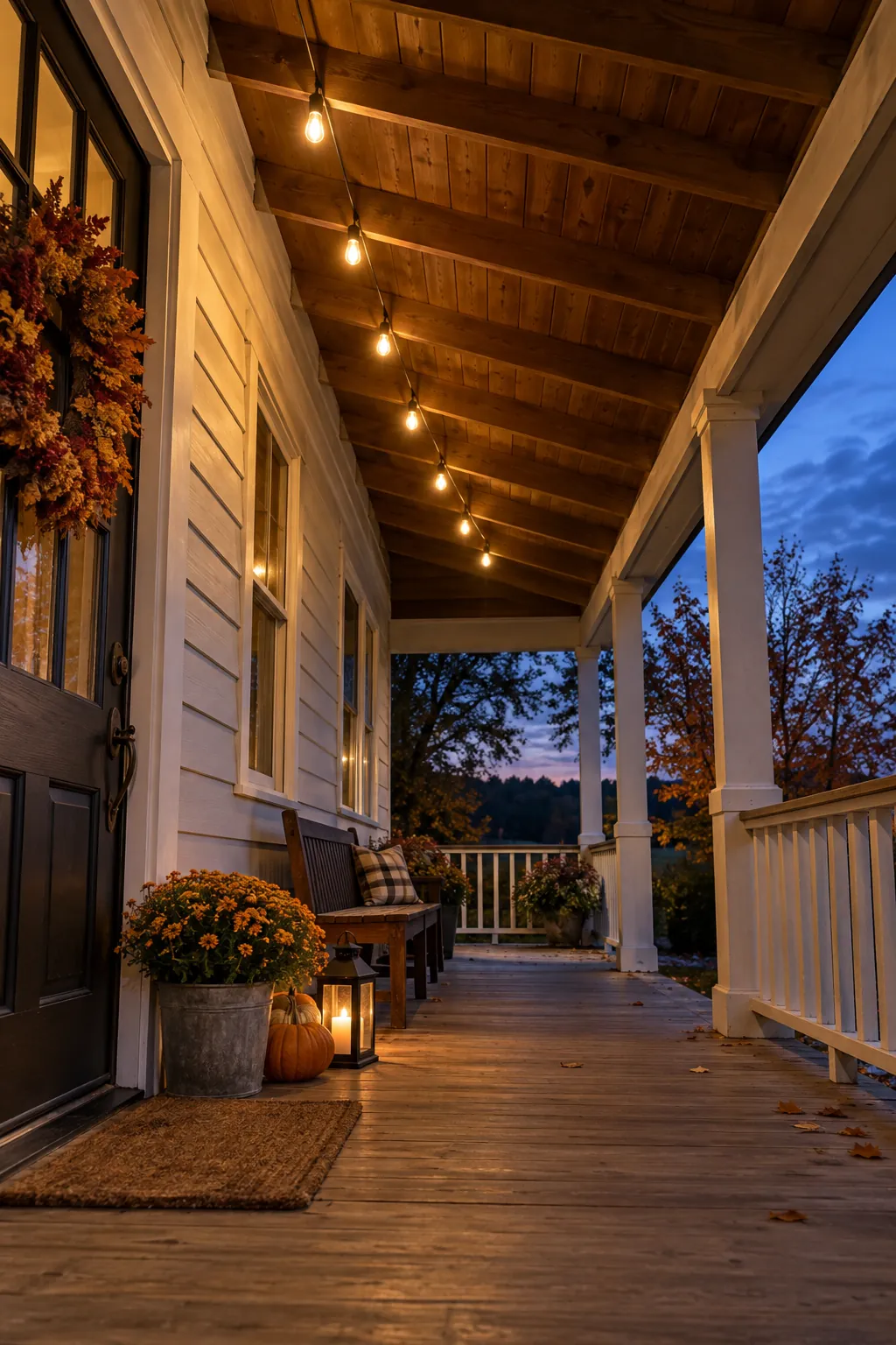 String Lights Under a Covered Eave fall porch lighting example
