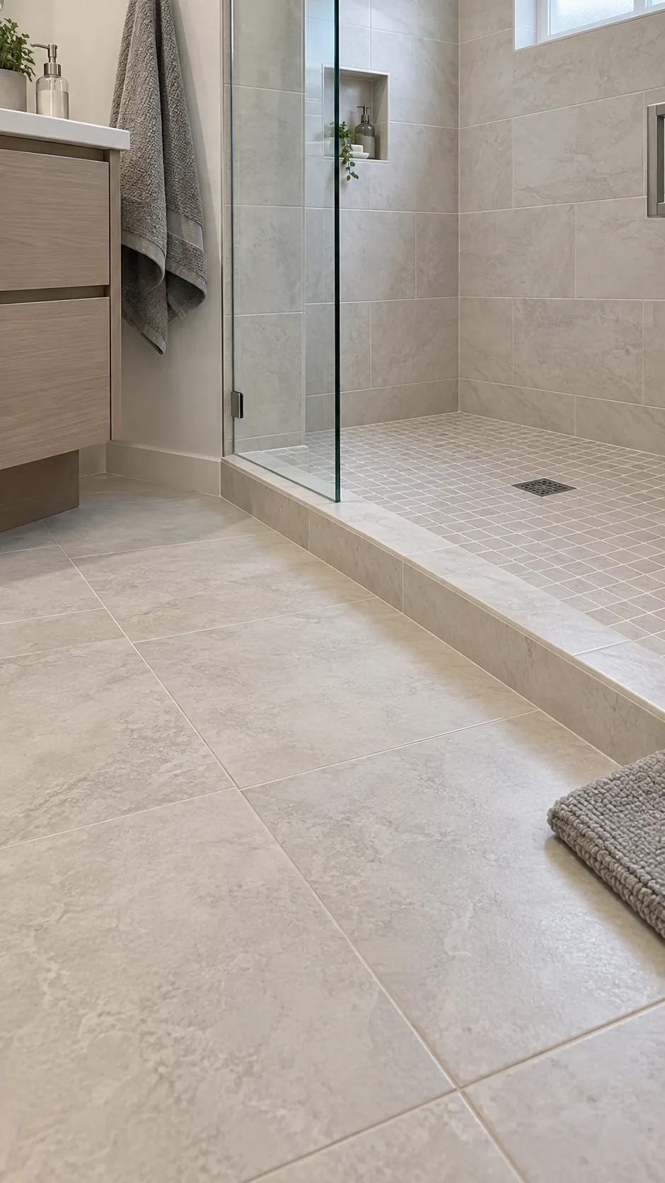 Coordinated light bathroom tile across floor and shower
