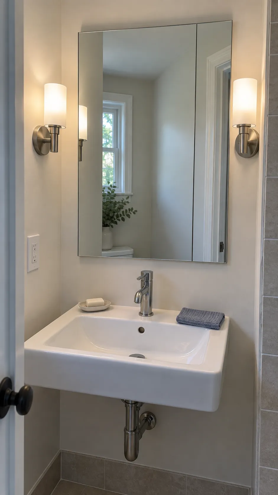 Large mirror and balanced vanity lighting in a small bathroom
