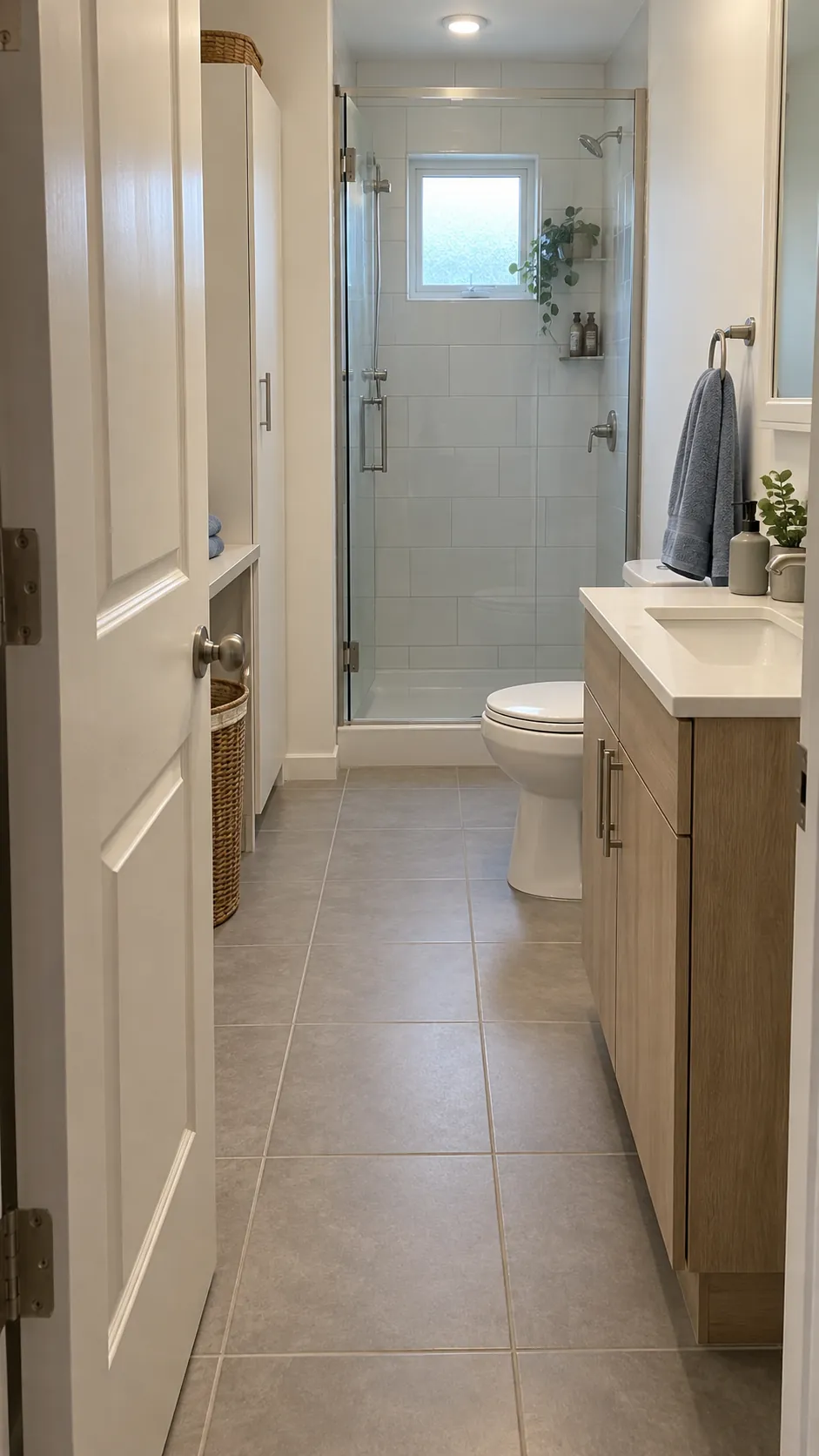 Clear sightline through a compact bathroom from the doorway