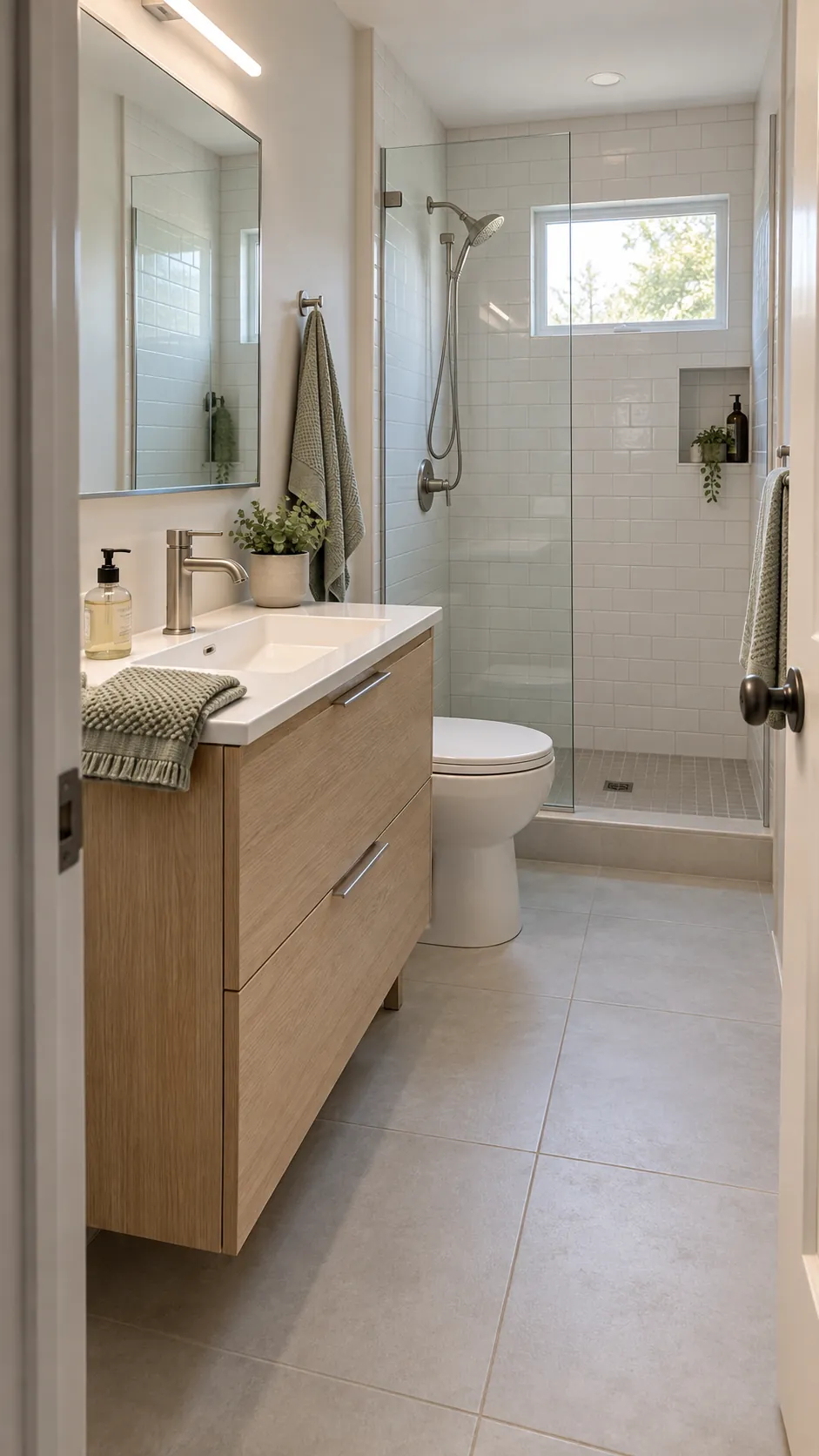 A bright small bathroom with an open sightline, mirror, and clear shower glass
