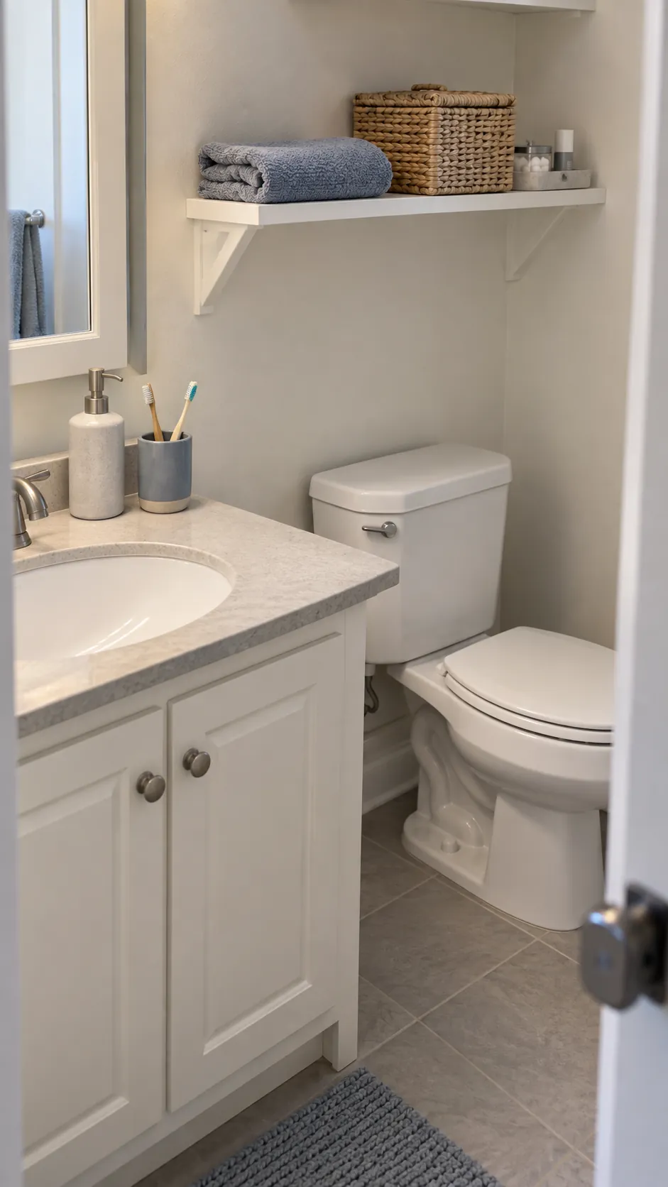 Neatly edited open storage and clear surfaces in a small bathroom