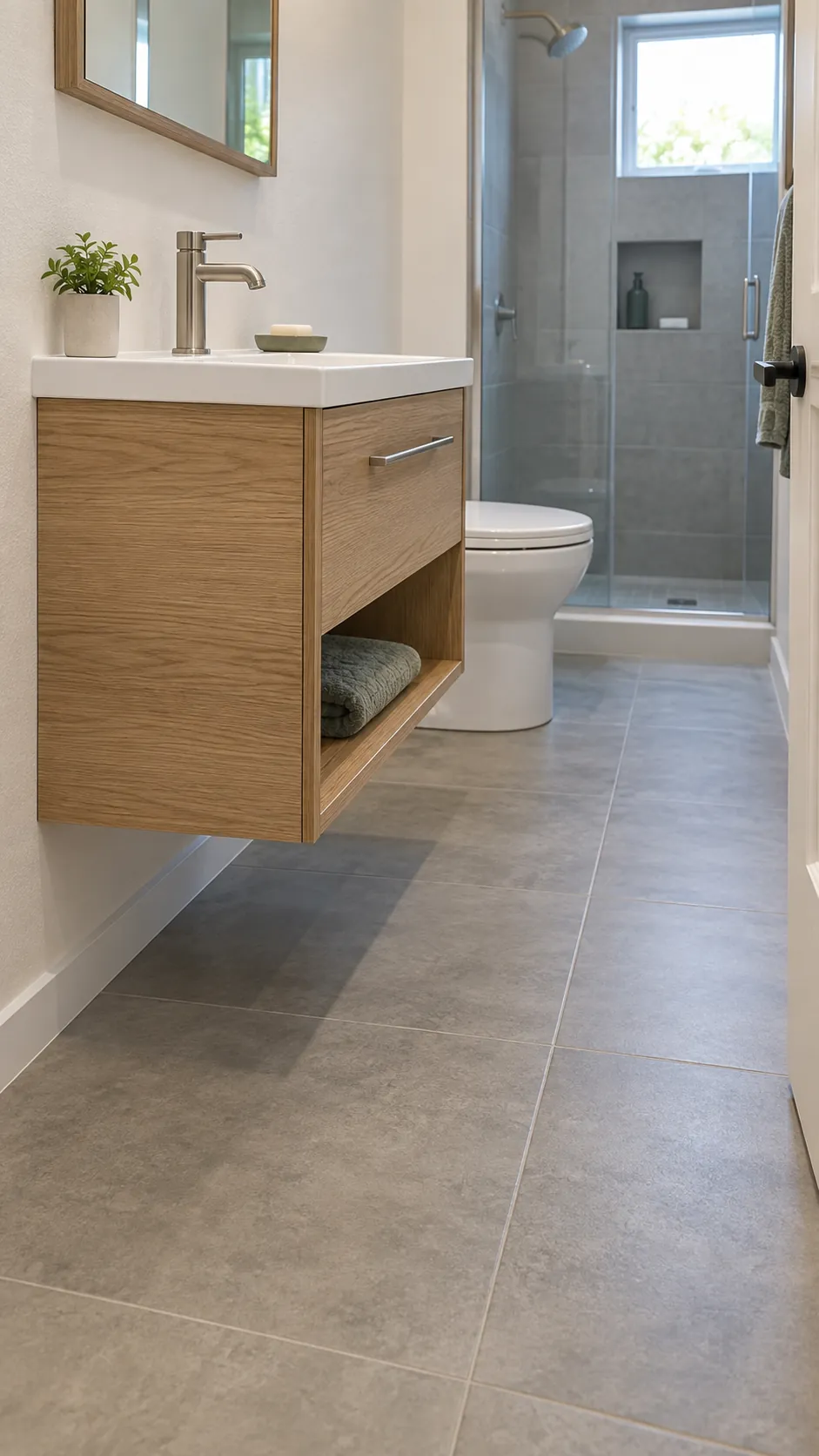 Slim floating vanity leaves visible floor and a clear bathroom walkway