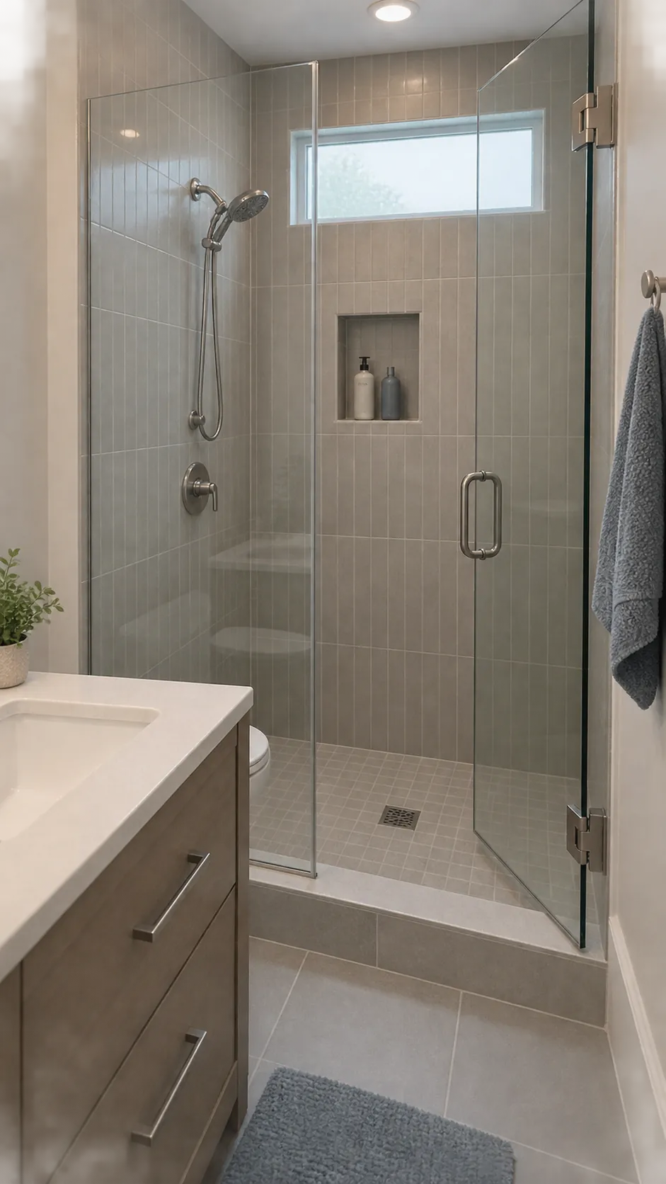 Clear shower glass reveals the back wall of a compact bathroom