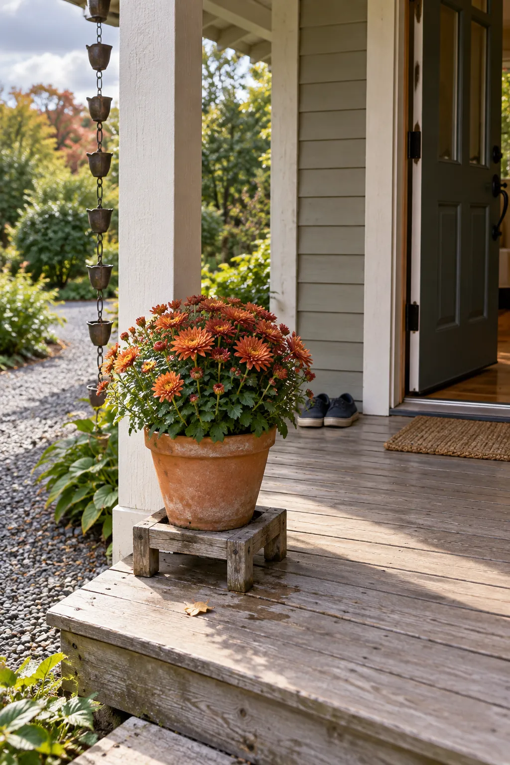 Terracotta mum planter placed near the sunlit outer edge of a front porch