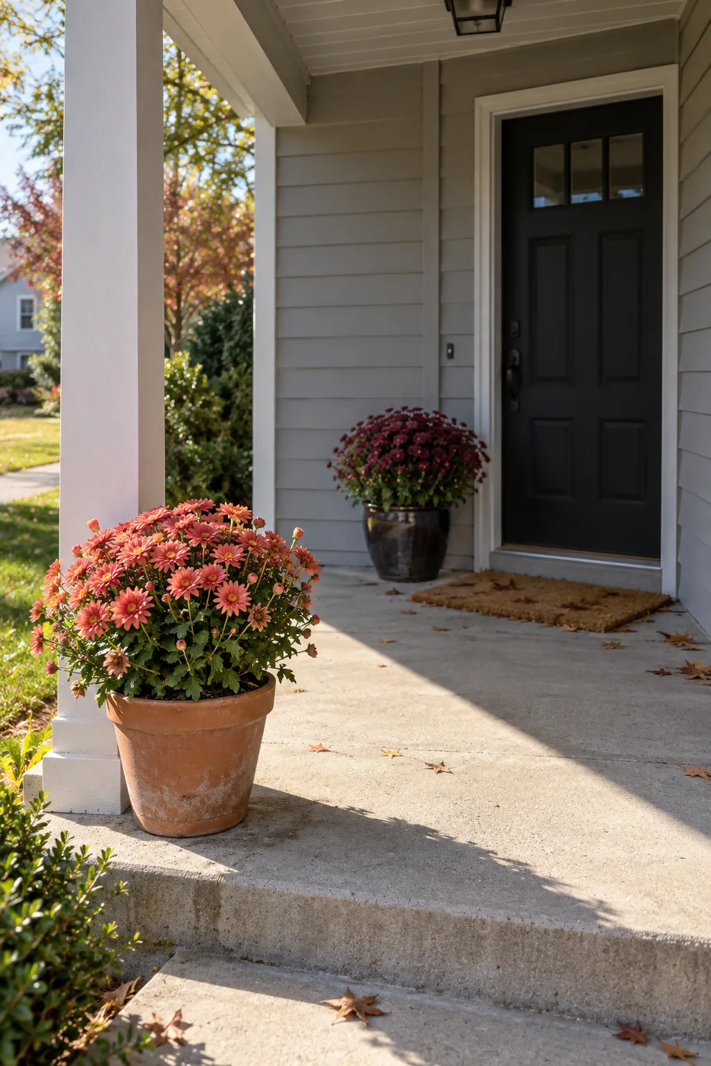 Blooming potted mums at a bright front porch edge beside a shaded doorway