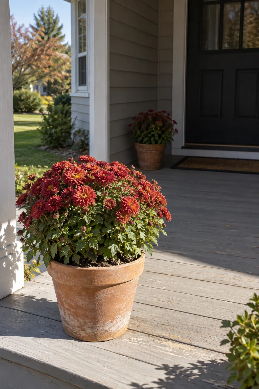 Sunlit potted mums at the edge of a shady front porch