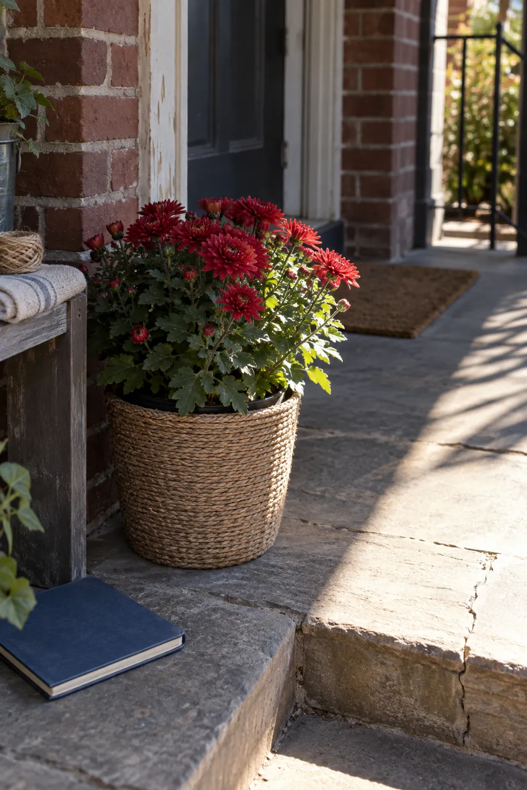 Morning sunlight reaching a mum container on the outer edge of a covered porch