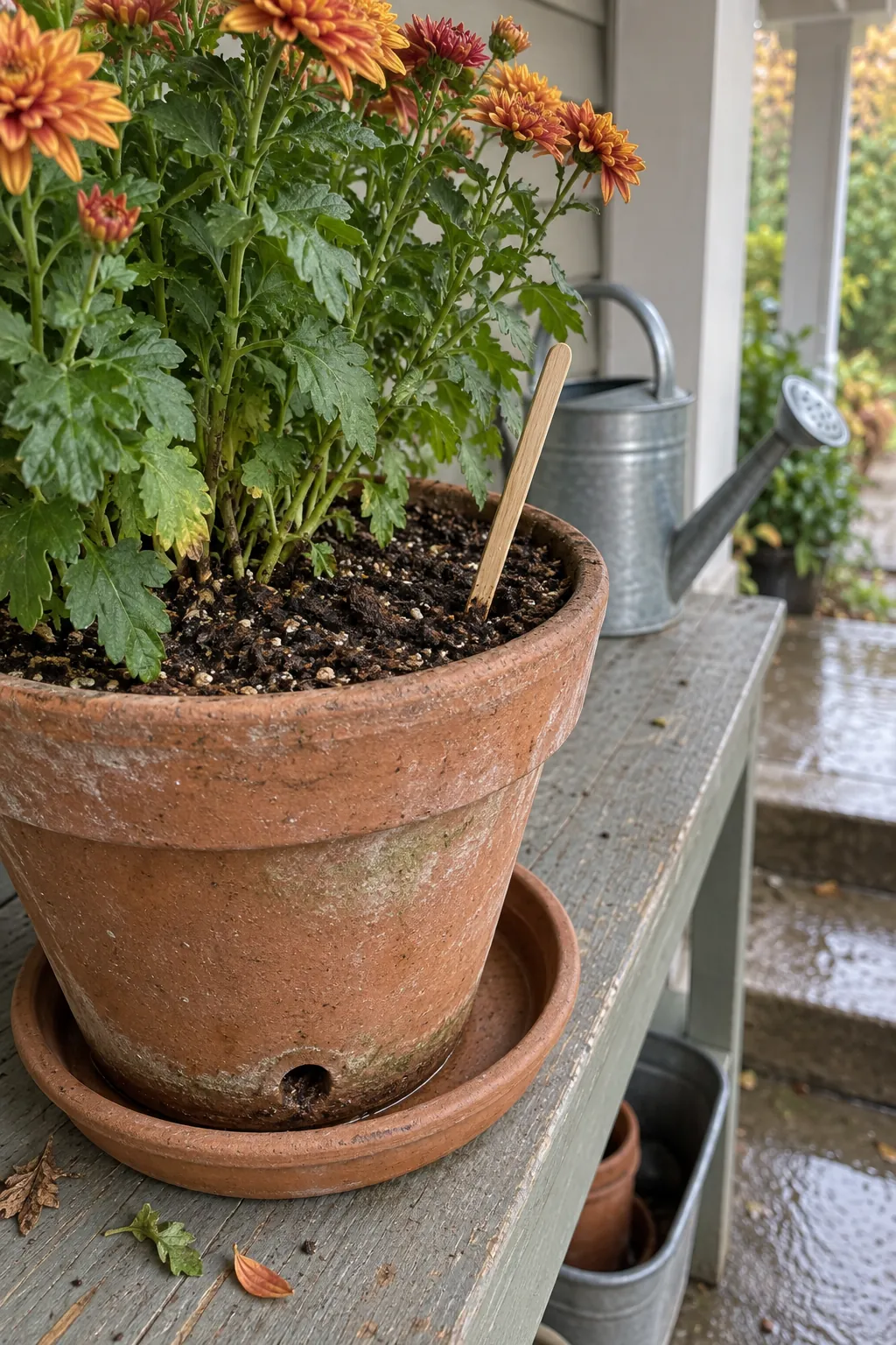 Close view of a well drained mum container with potting soil being checked before watering