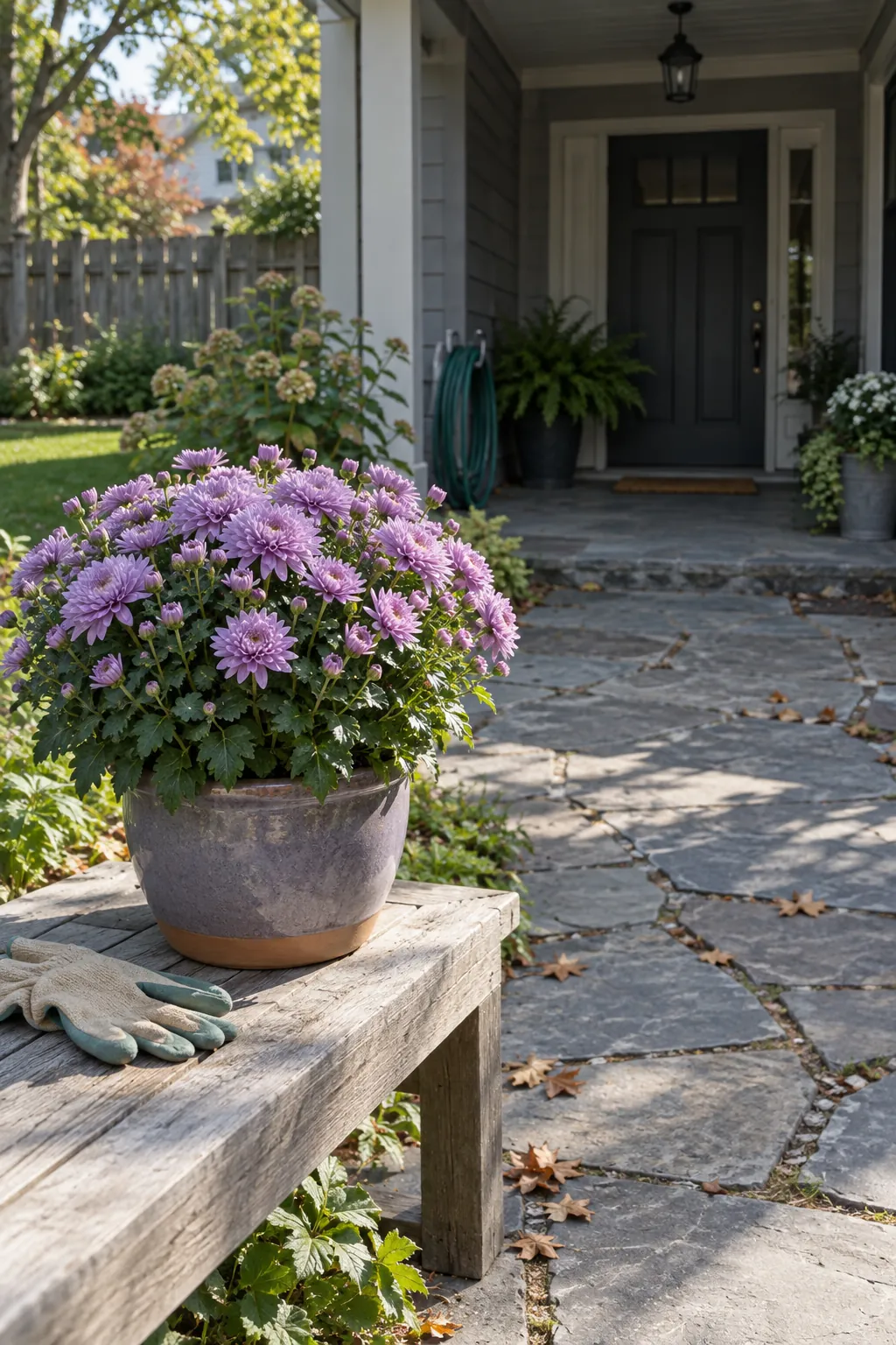 Potted mums resting in a bright patio growing spot near a shaded porch