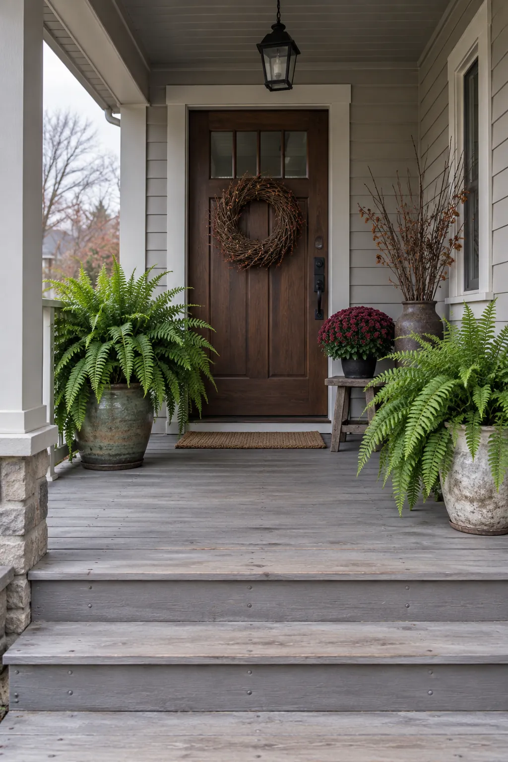 Shaded autumn porch with fern foliage and a temporary flowering mum accent
