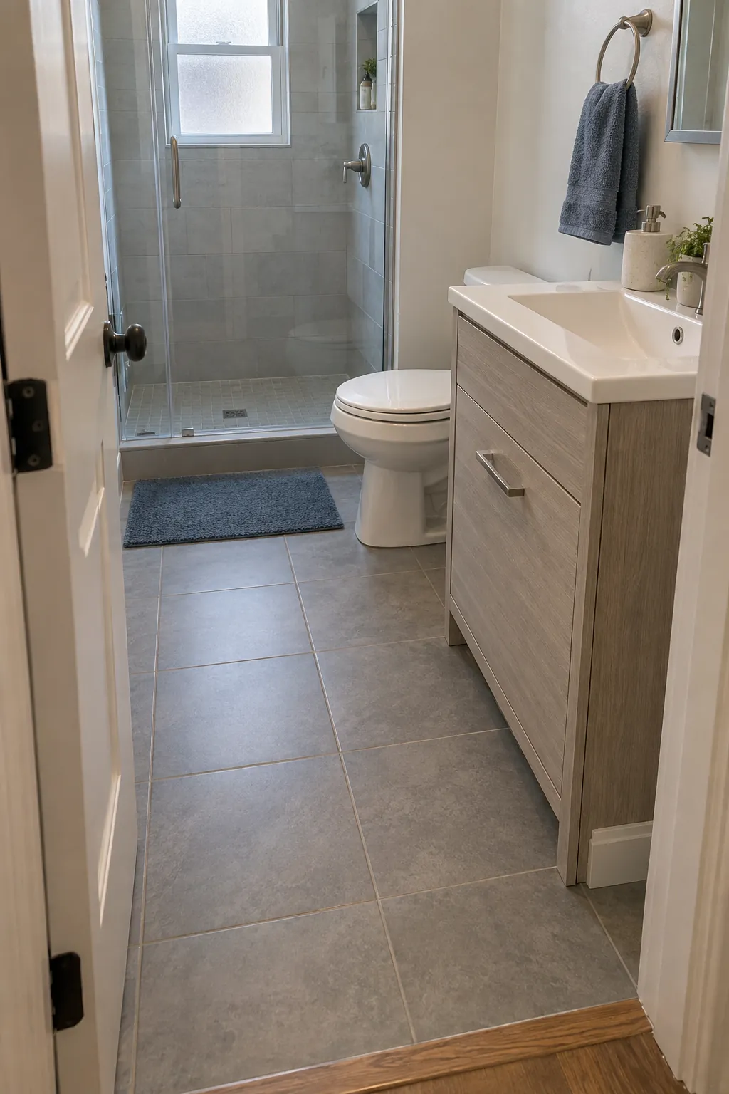Measured clear path between fixtures in a compact bathroom