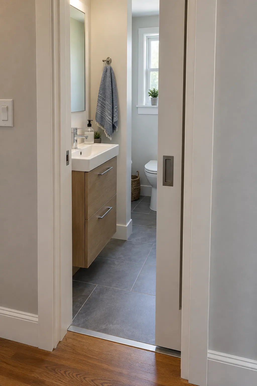 Compact bathroom entry with a pocket door and clear vanity access