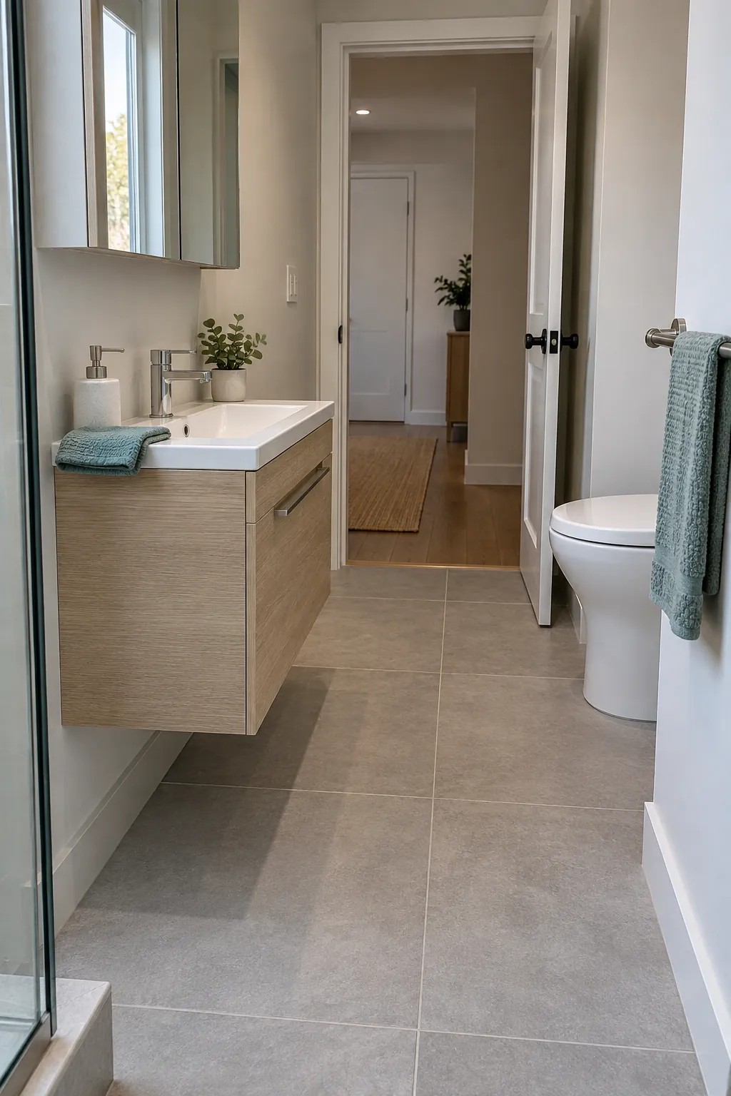 Shallow bathroom vanity preserves a usable walkway