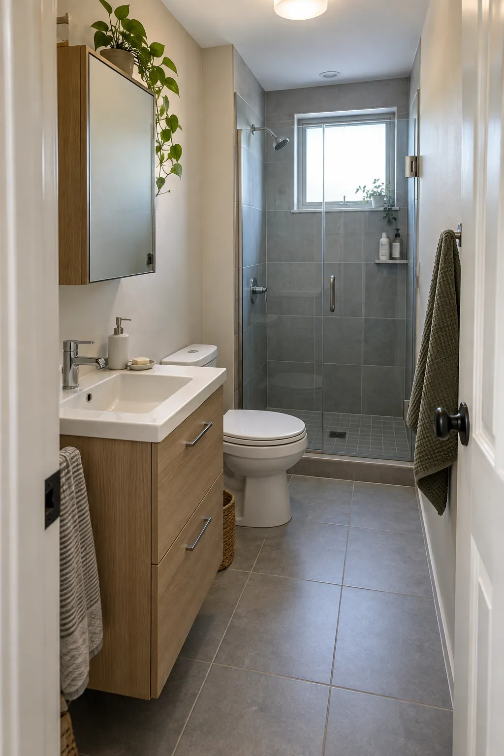A compact bathroom with clear walking space and practical storage