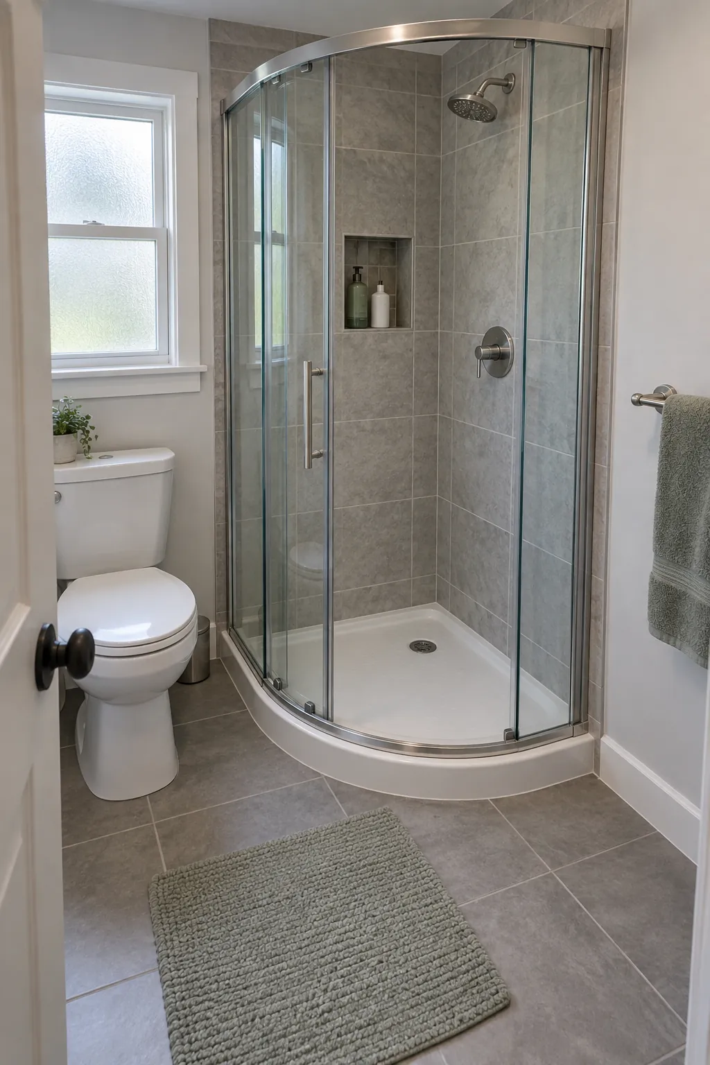 Compact corner shower with a usable entry and reachable storage