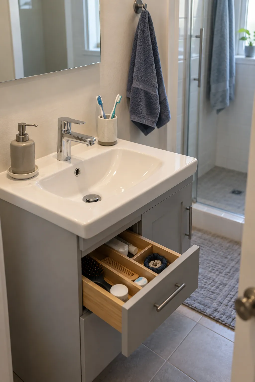 Reachable everyday items beside a compact bathroom sink
