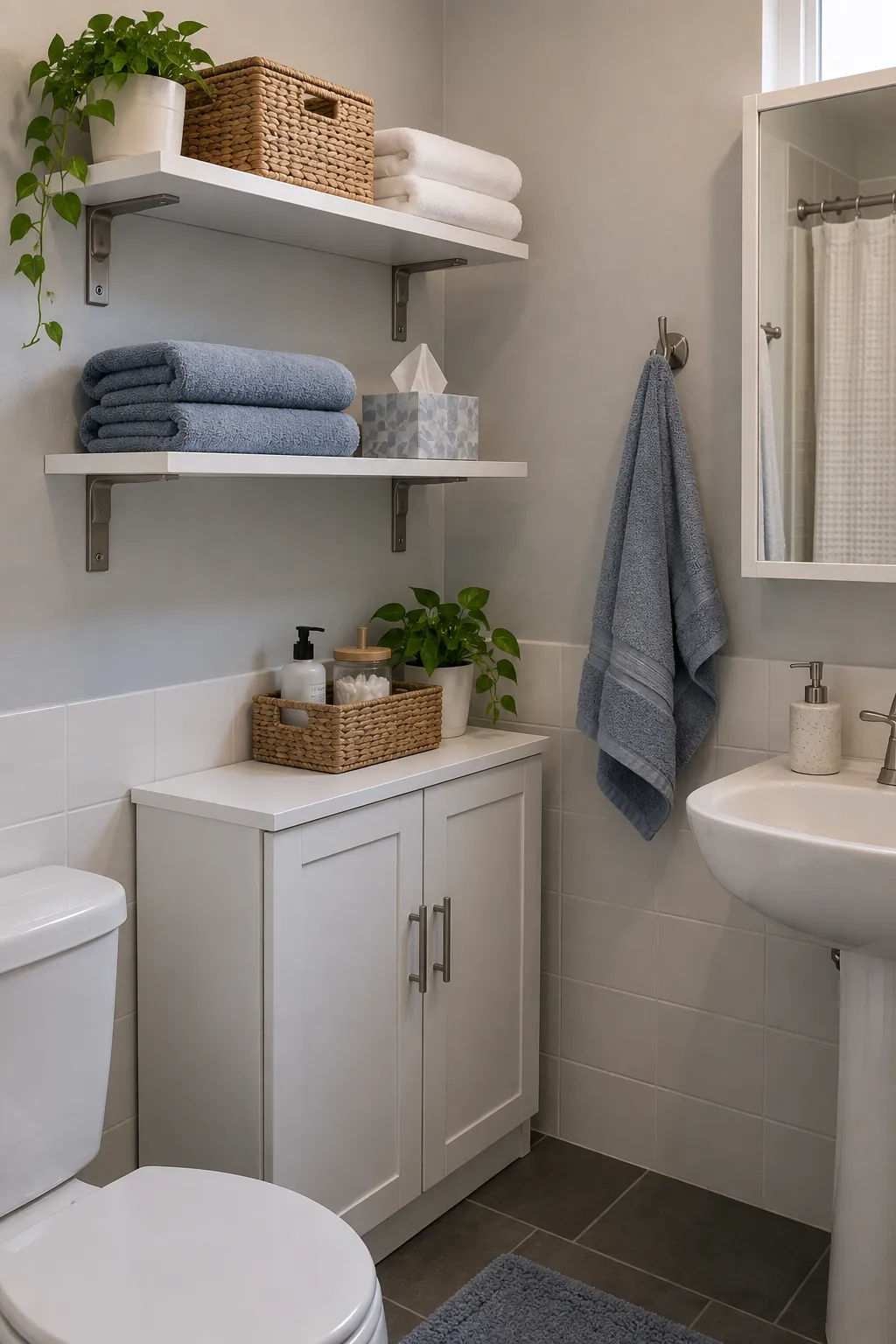 Secure shallow wall shelves organize towels in a tiny bathroom