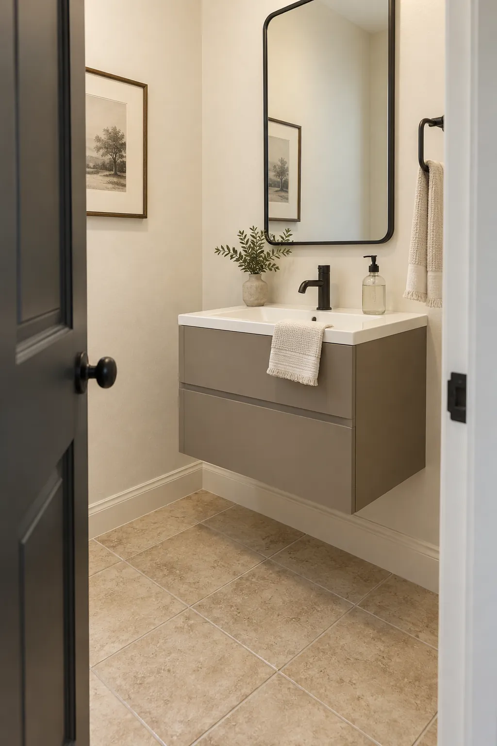 Cream, Mushroom, and Charcoal powder room color scheme with beige tile