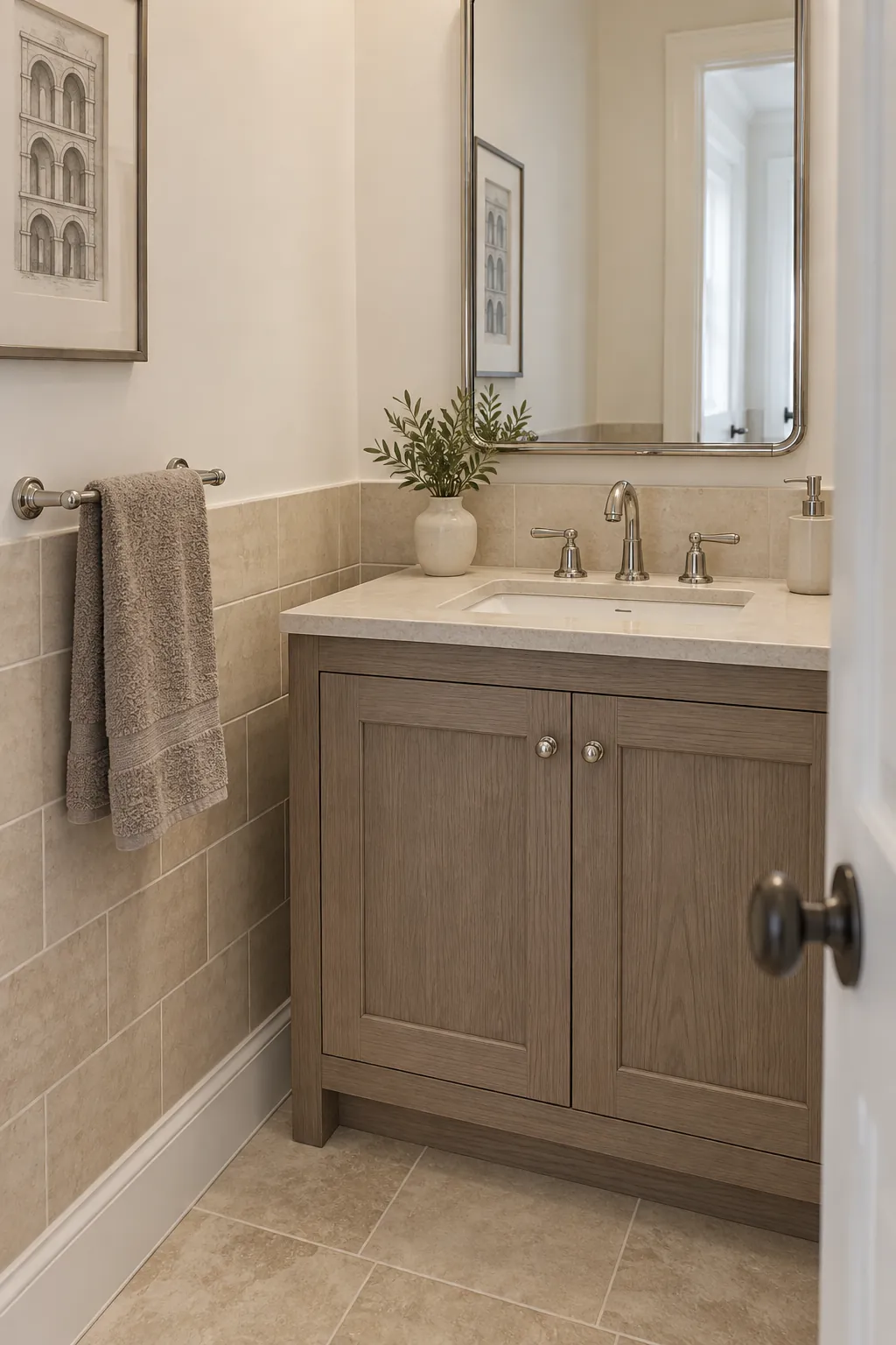 Warm White, Taupe, and Polished Nickel powder room color scheme with beige tile