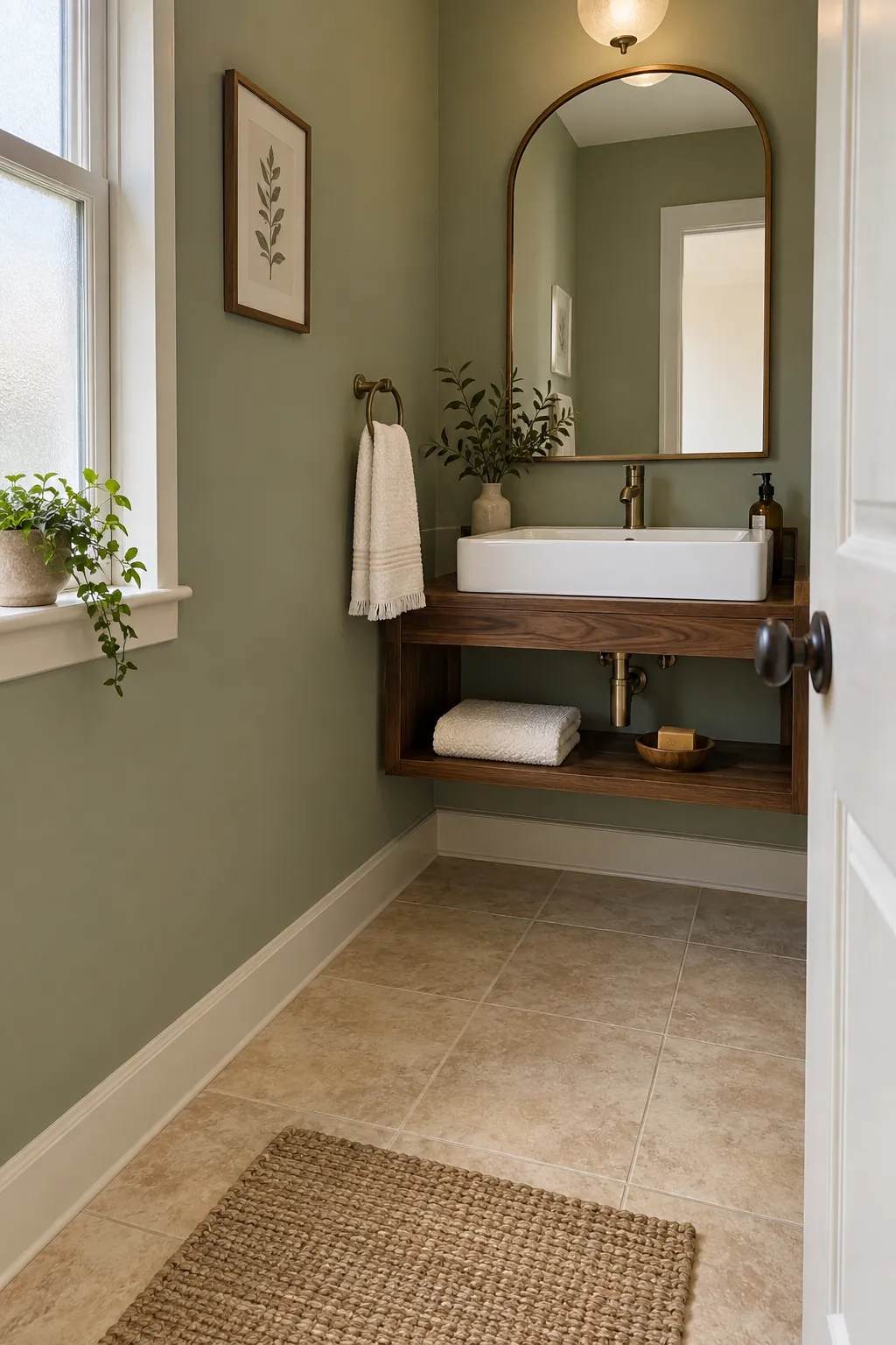 Soft Sage, Ivory, and Walnut powder room color scheme with beige tile