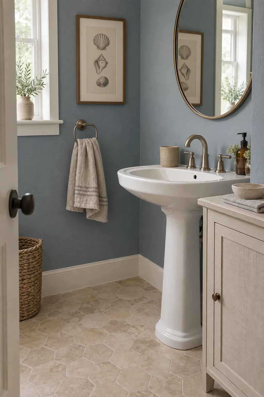 Dusty Blue, Linen, and Sand powder room color scheme with beige tile