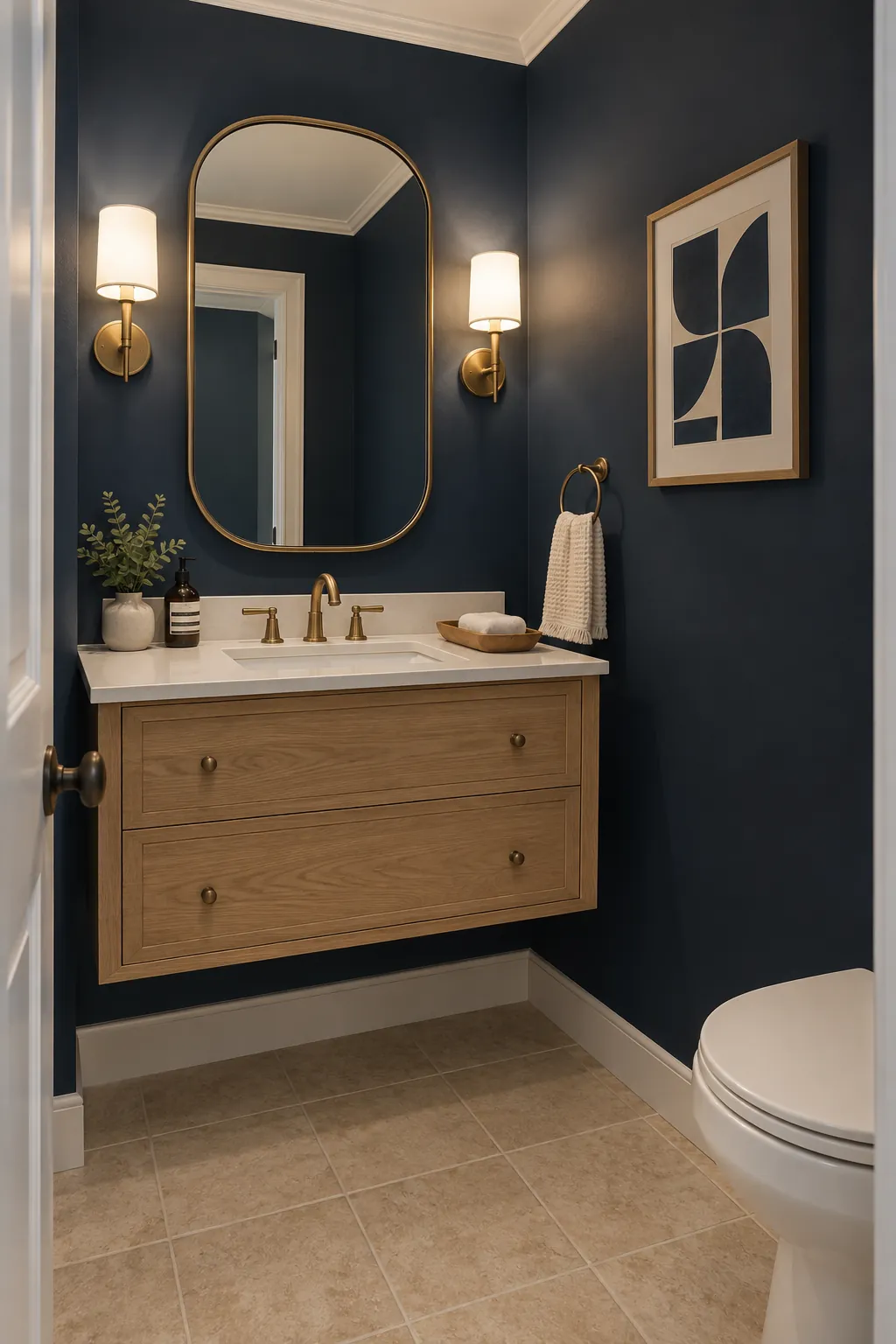 Deep Navy, Soft White, and Oak powder room color scheme with beige tile