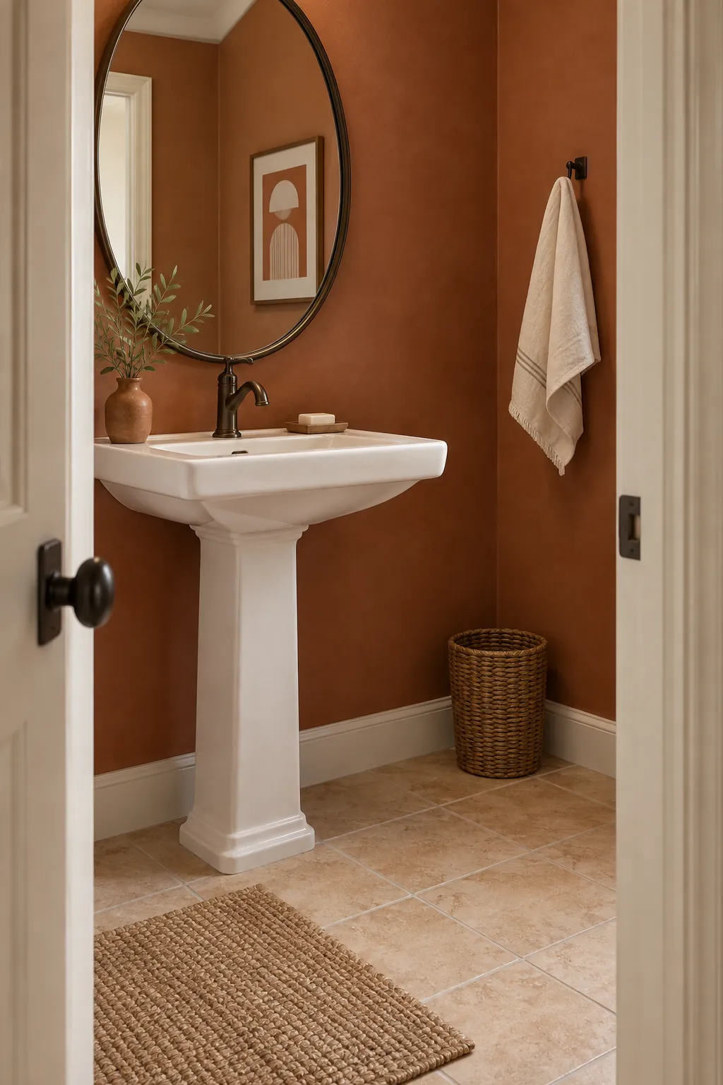Terracotta, Chalk, and Dark Bronze powder room color scheme with beige tile
