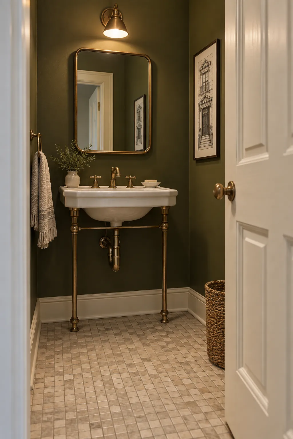 Olive, Cream, and Antique Brass powder room color scheme with beige tile