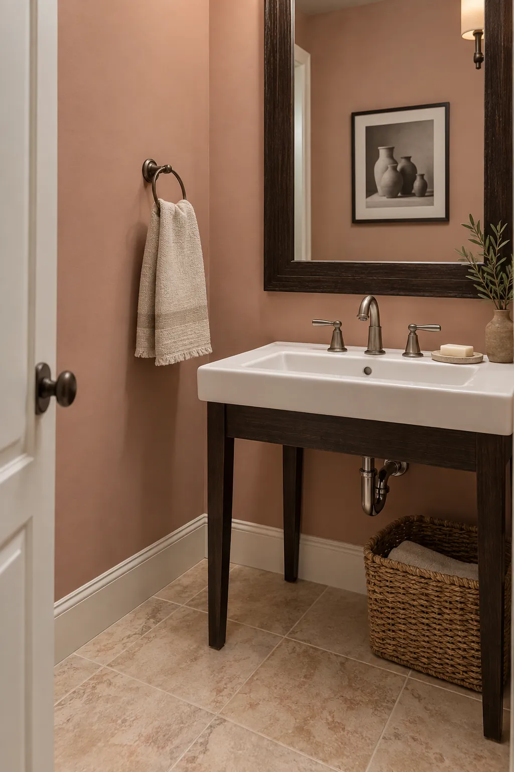Blush Clay, Ecru, and Espresso powder room color scheme with beige tile