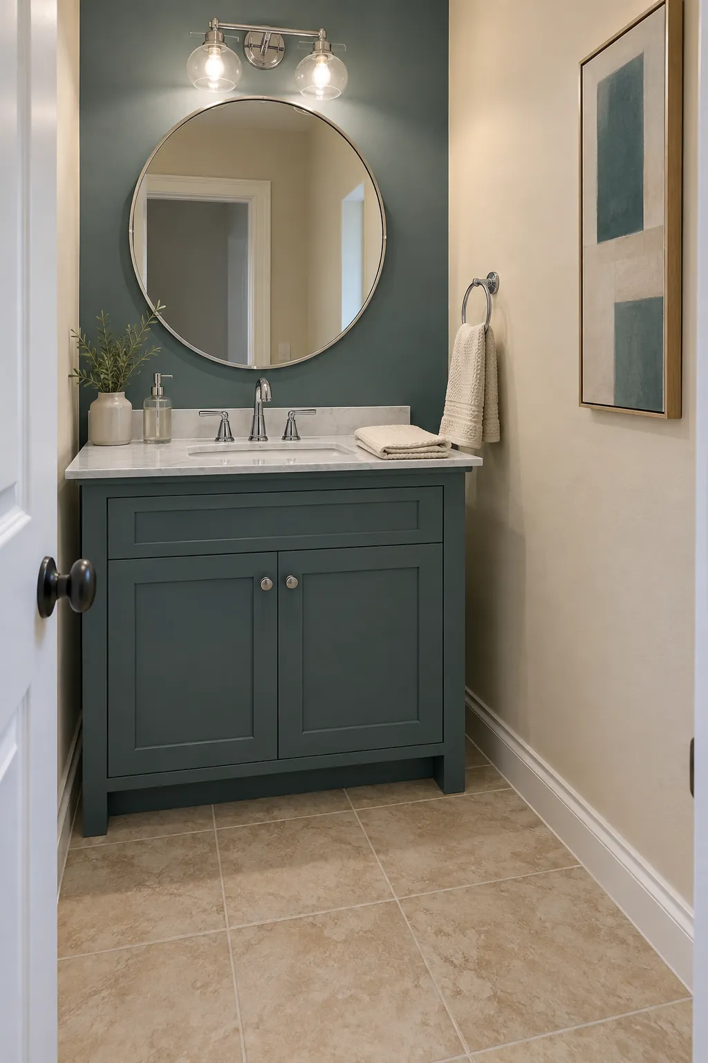 Smoky Teal, Parchment, and Chrome powder room color scheme with beige tile