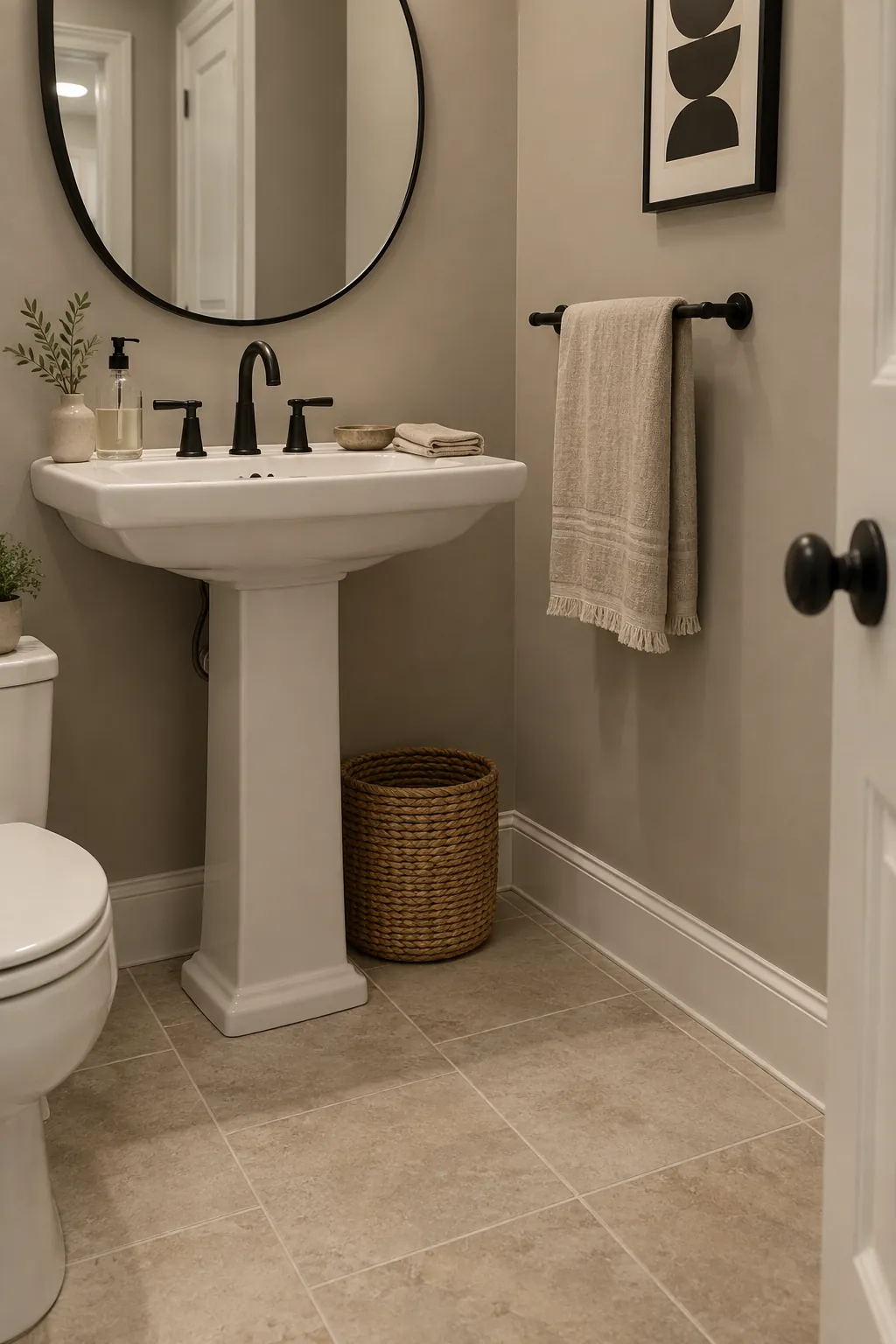 Greige, Black, and Natural Linen powder room color scheme with beige tile