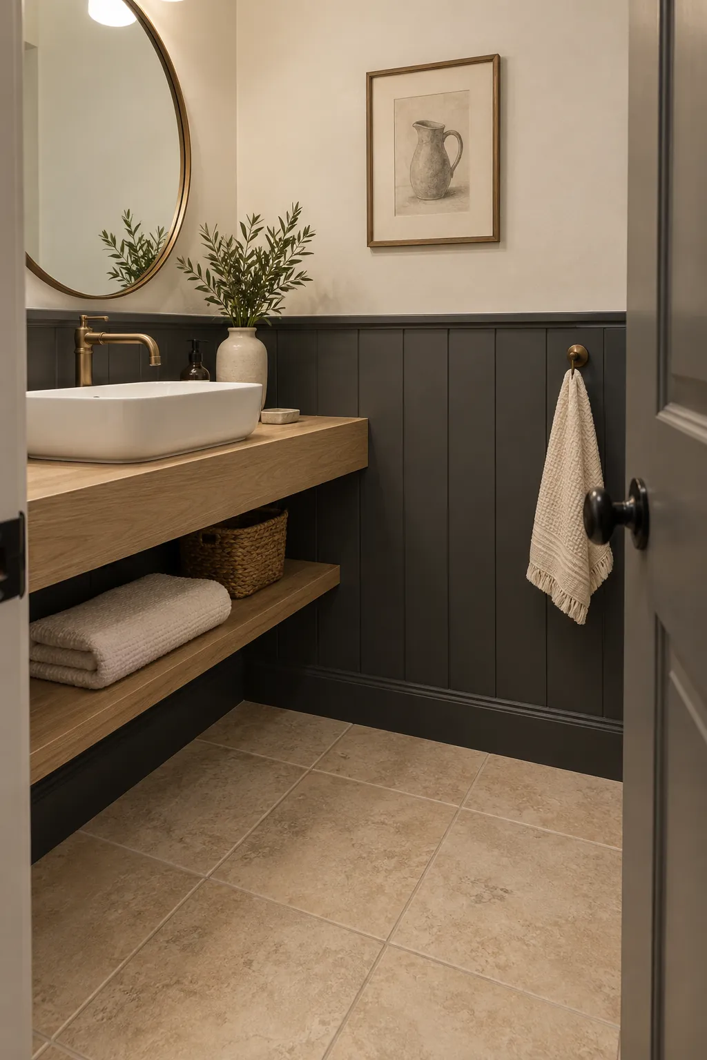 Graphite, Cream, and Pale Oak powder room color scheme with beige tile