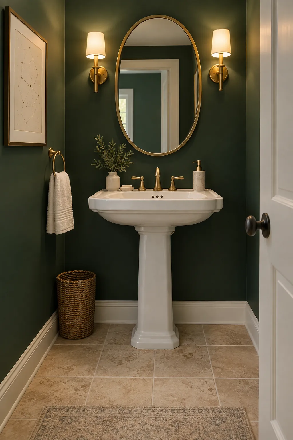 Forest Green, Warm White, and Brass powder room color scheme with beige tile