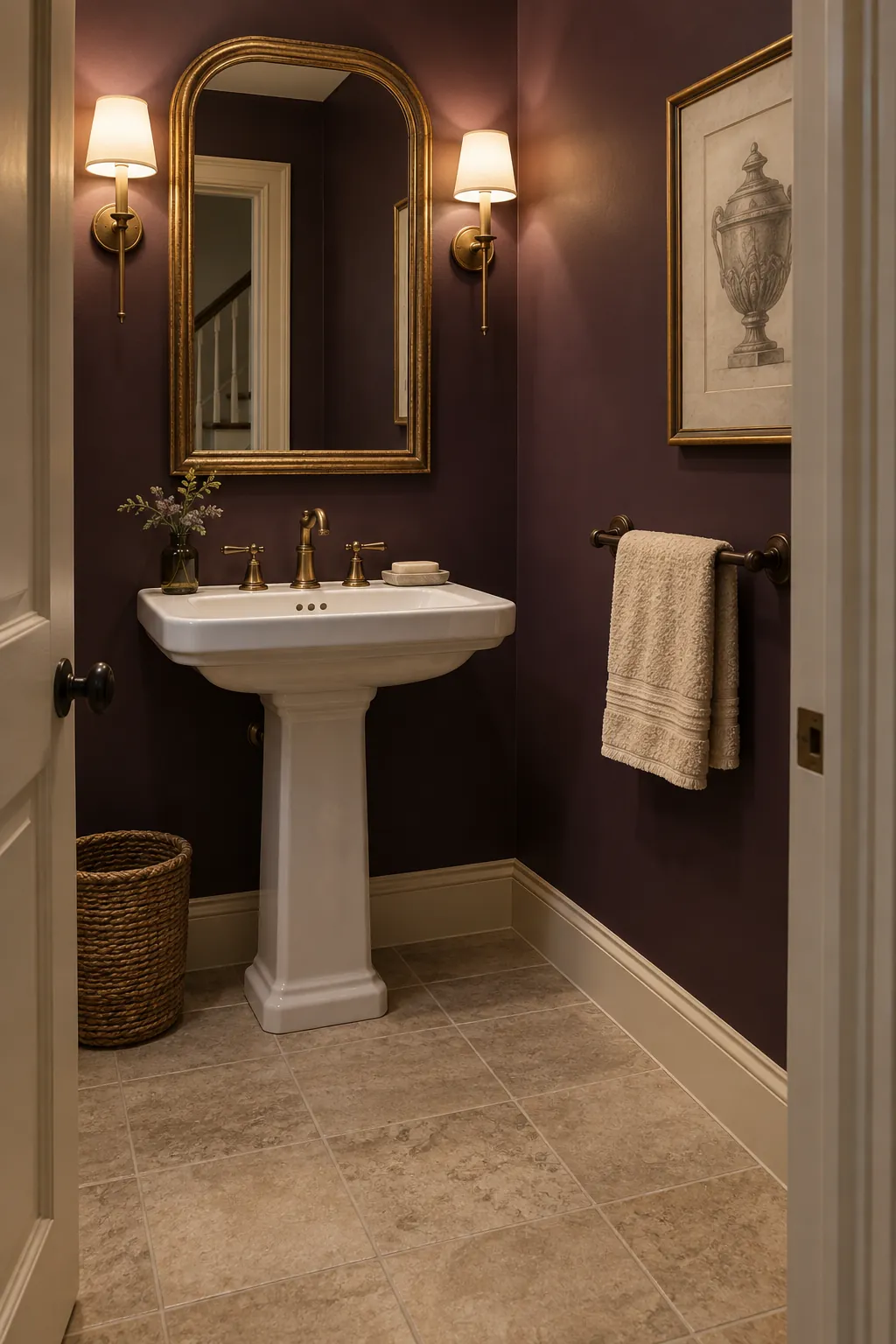 Aubergine, Almond, and Aged Gold powder room color scheme with beige tile