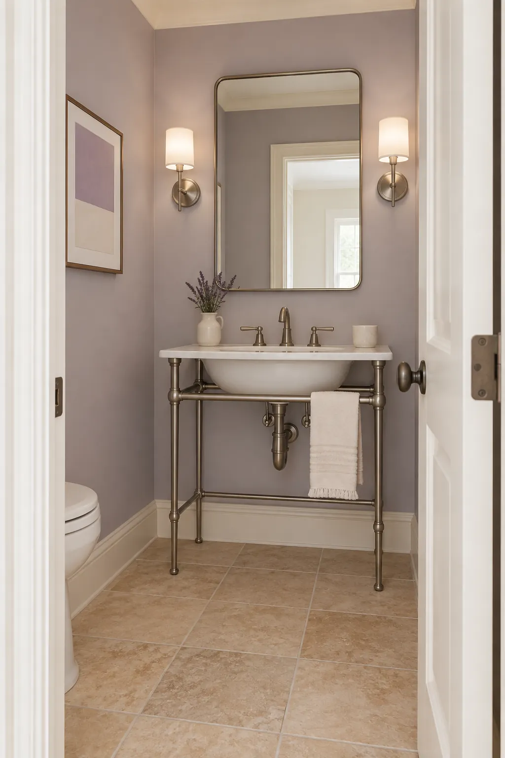 Lavender Gray, Vanilla, and Nickel powder room color scheme with beige tile