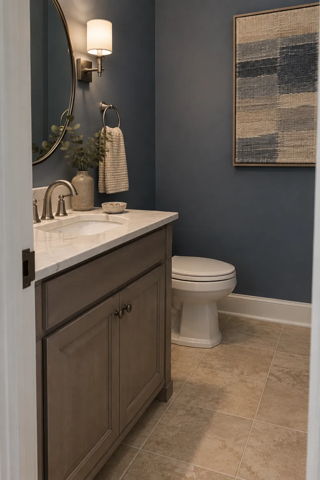 Slate Blue, Oat, and Pewter powder room color scheme with beige tile