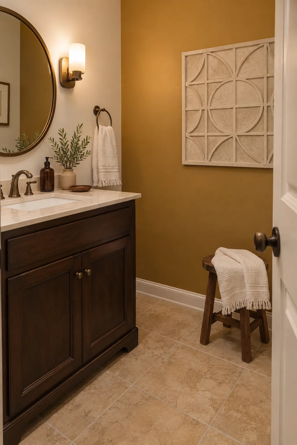 Ochre, Porcelain White, and Brown powder room color scheme with beige tile