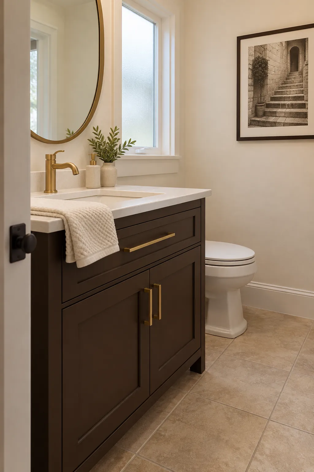 Cocoa, Ivory, and Brushed Brass powder room color scheme with beige tile