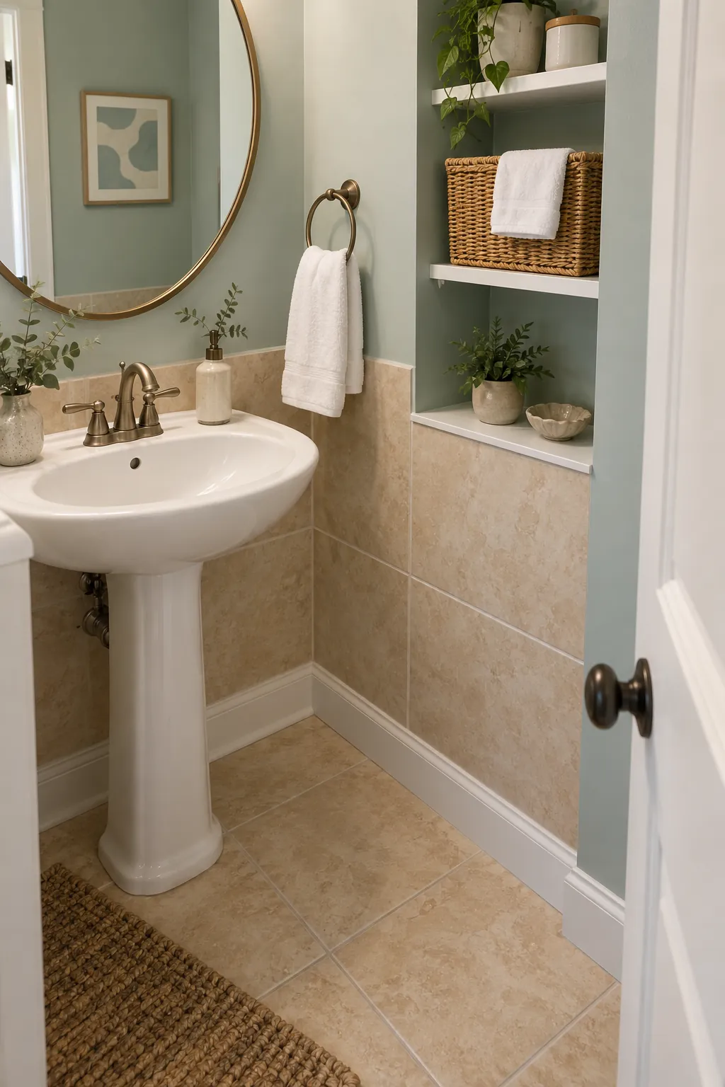 Sea Glass, Warm White, and Rattan powder room color scheme with beige tile