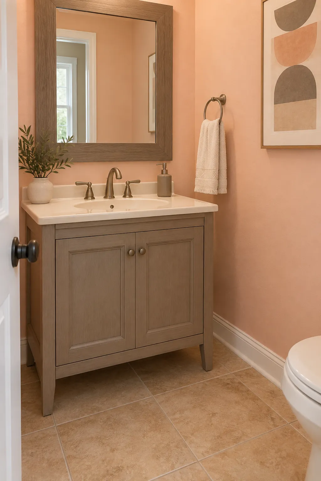 Peach, Taupe, and Cream powder room color scheme with beige tile