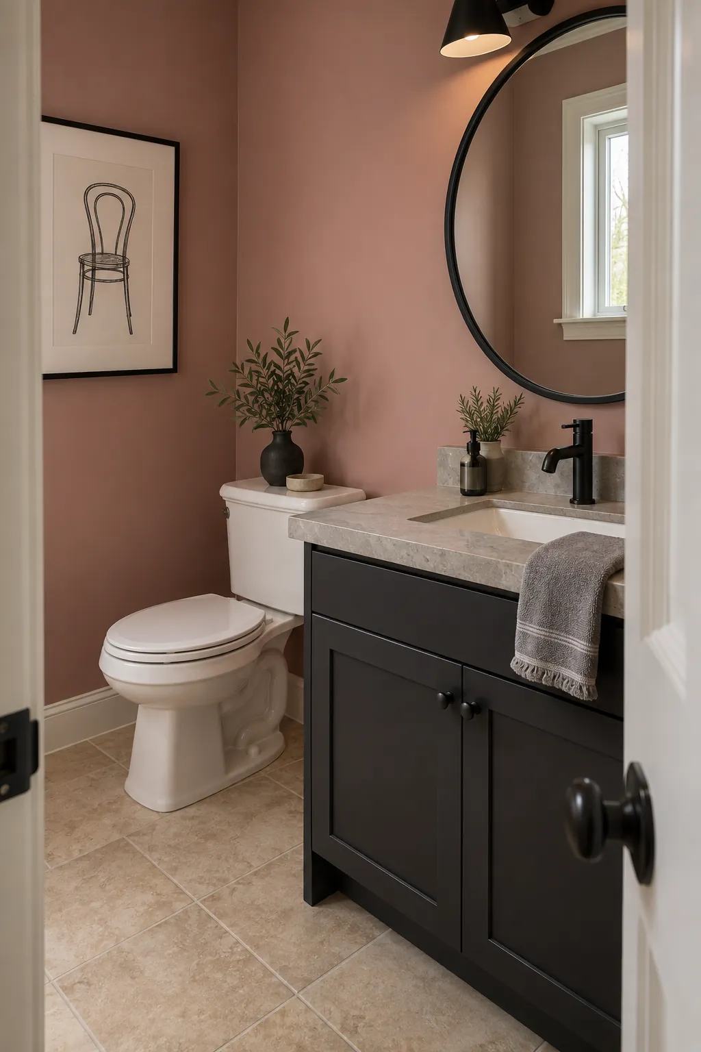 Dusty Rose, Stone Gray, and Black powder room color scheme with beige tile