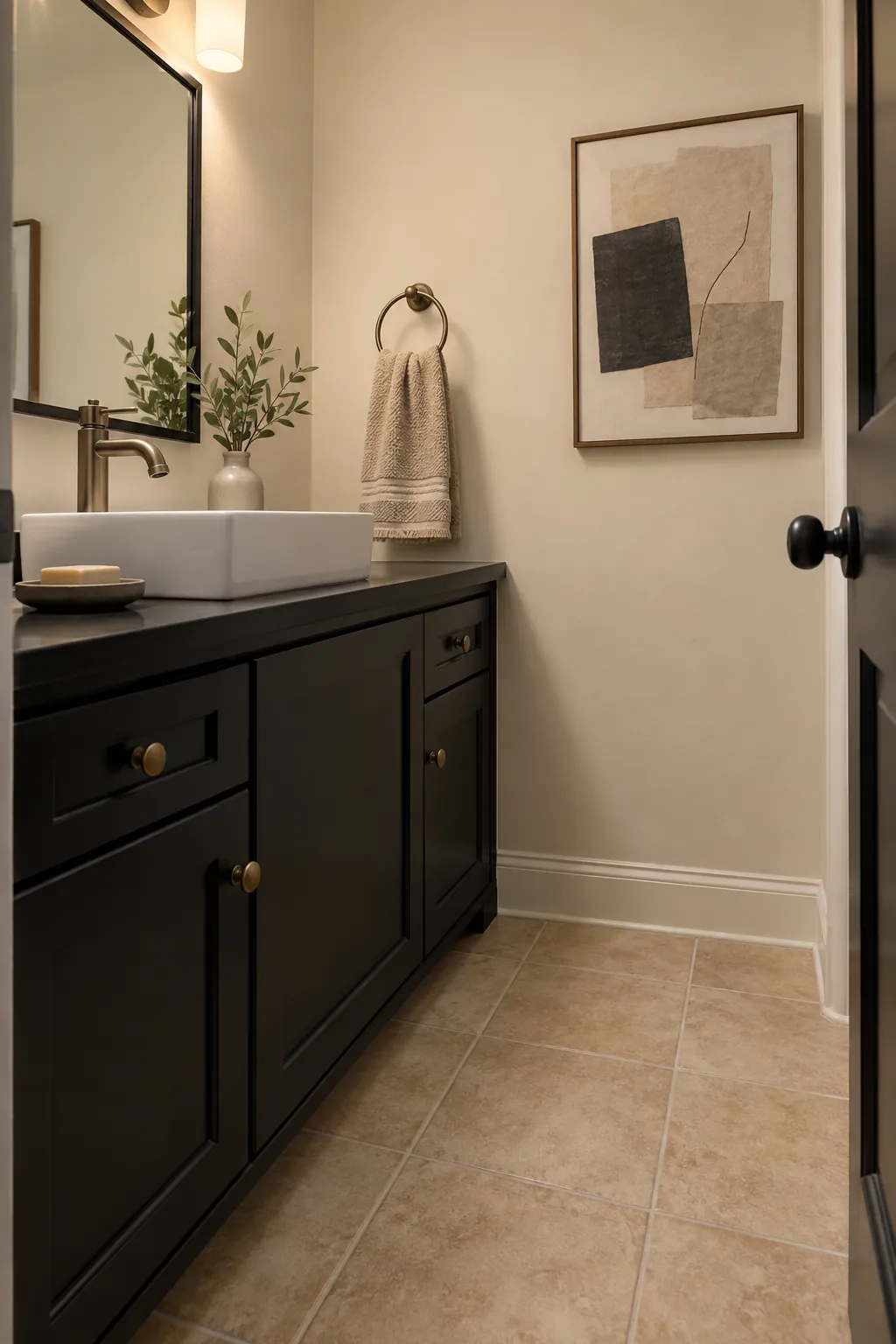 Soft Black, Parchment, and Beige powder room color scheme with beige tile