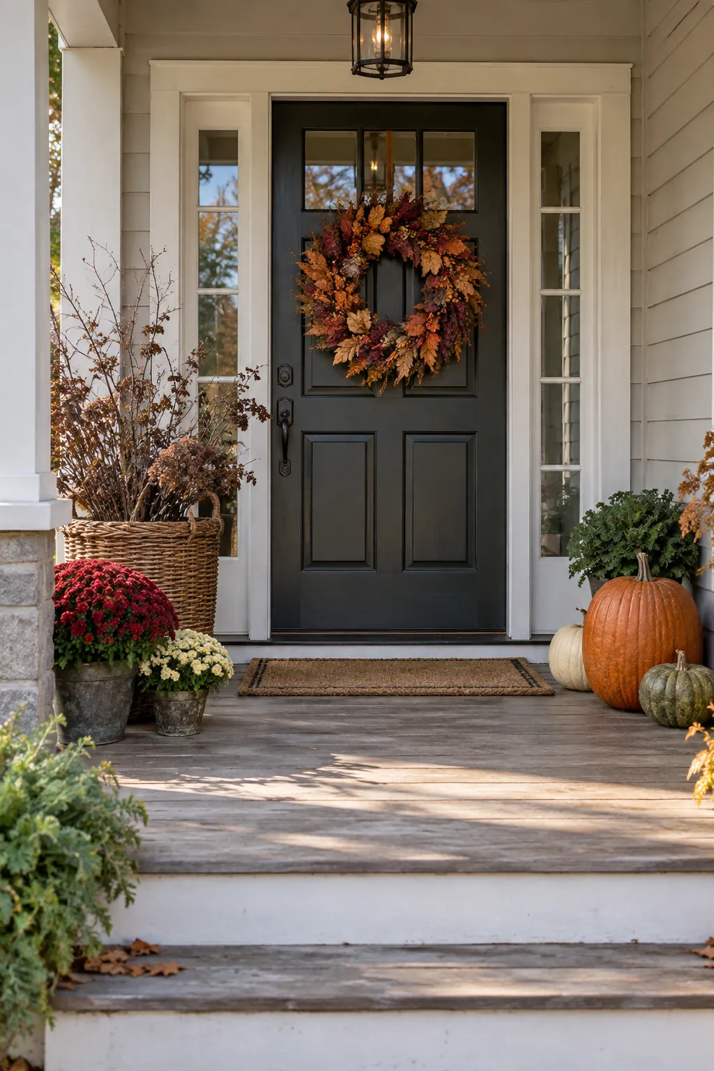 Thanksgiving front porch arranged from existing autumn decorations