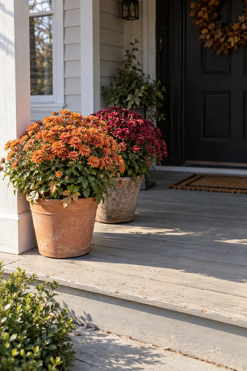 Thanksgiving porch idea with move late mums into the brightest spot