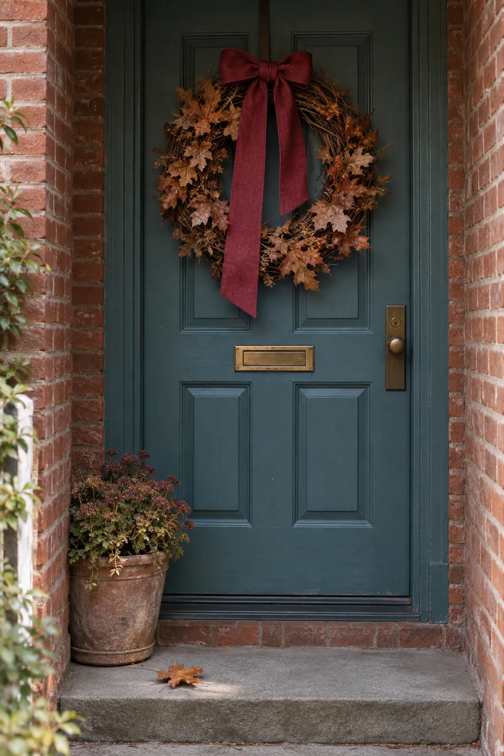 Thanksgiving porch idea with refresh the leaf wreath with a new ribbon
