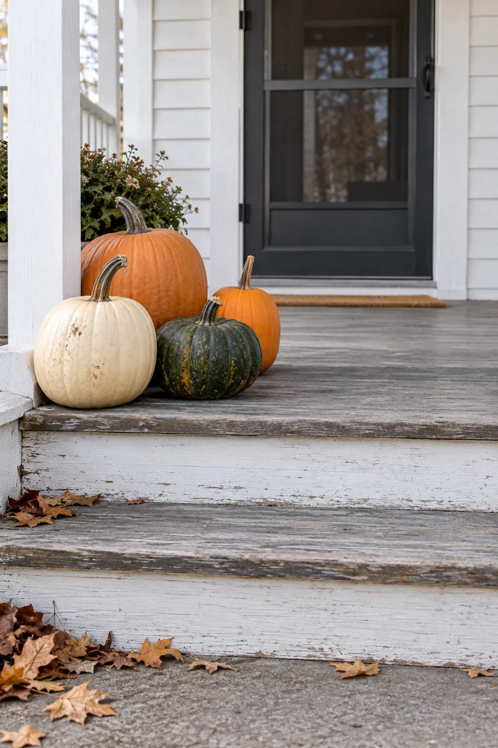 Thanksgiving porch idea with group uncarved pumpkins by the steps