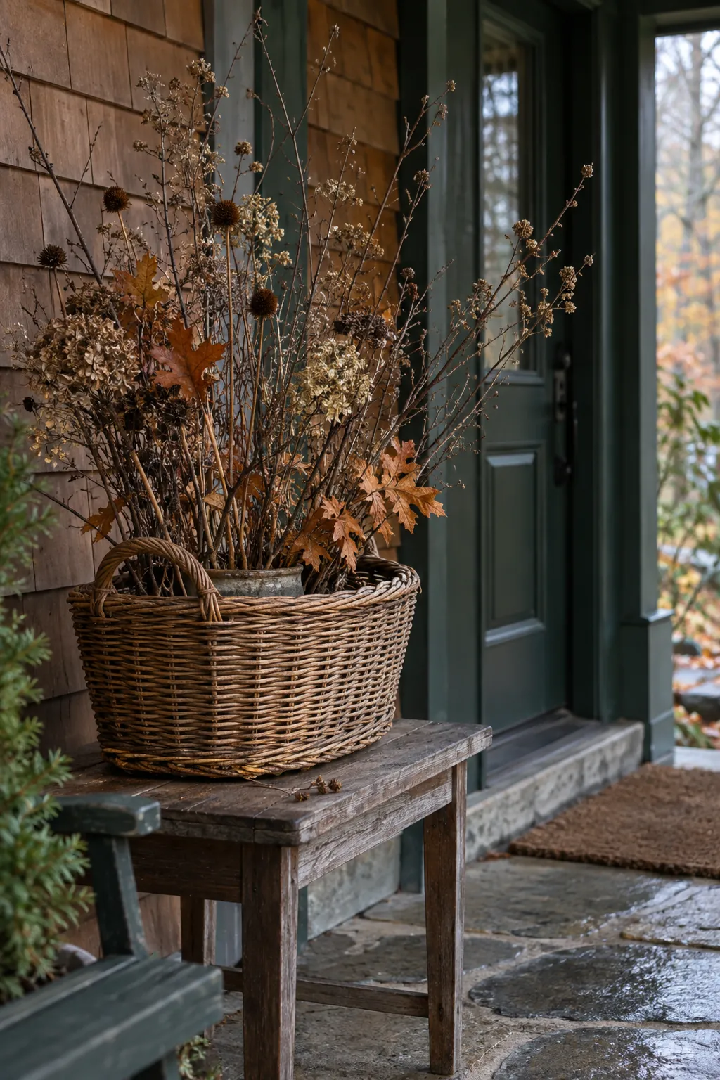 Thanksgiving porch idea with turn a harvest basket into a branch display